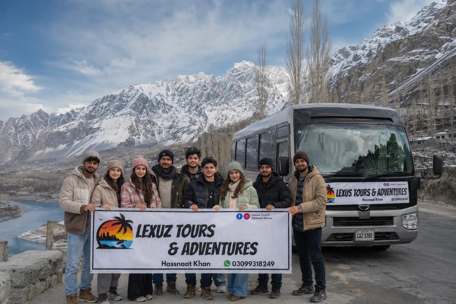 Lexuz Tours group with a banner and coaster in a snowy mountain landscape